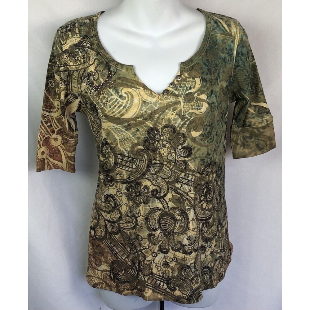 Vintage Apt 9 Henley Top S Green/Brown 3 Button Baby Tee Y2K Boho Gorp Hippie